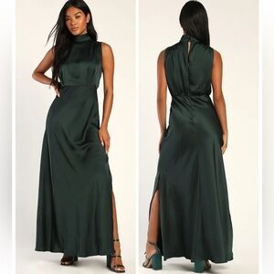 Lulus Classic Elegance Green Satin Sleeveless Mock Neck Maxi Dress size Medium